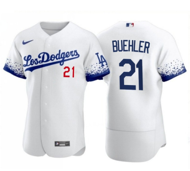 Men's Los Angeles Dodgers #21 Walker Buehler 2021 White City Connect Flex Base Stitched Baseball Jersey Men's Los Angeles Dodgers #21 Walker Buehler 2021 White City Connect Flex Base Stitched Baseball Jersey